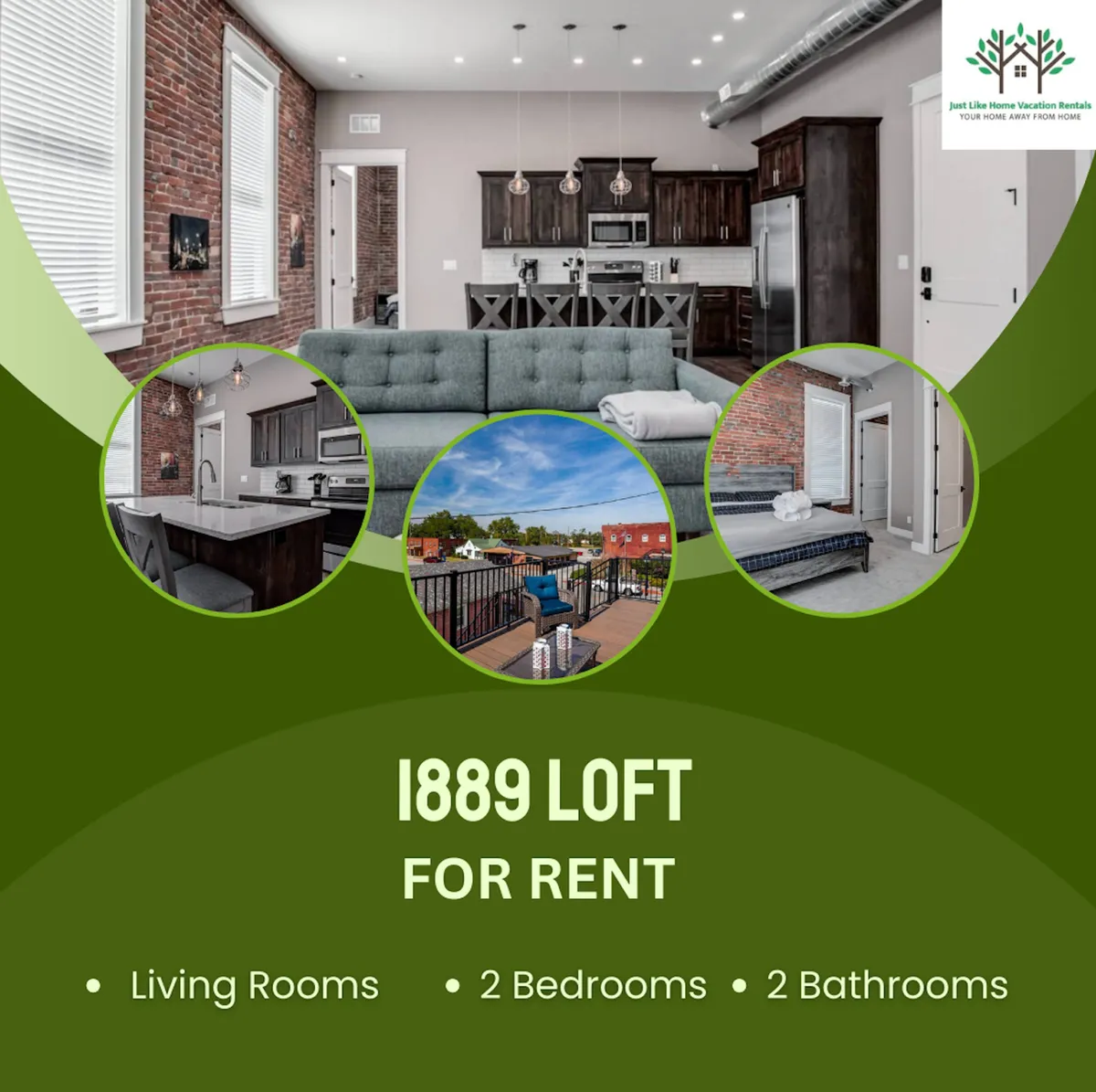 The image showcases a stylish open-concept living area with a plush sofa, a sleek kitchen island, and beautiful exposed brick walls, all warmly lit by modern lighting fixtures. The inviting space is perfect for gathering, with glimpses of a terrace that promises stunning sunset views.